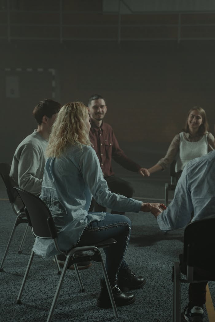 A small group of adults holding hands during a support group session in a dimly lit room.